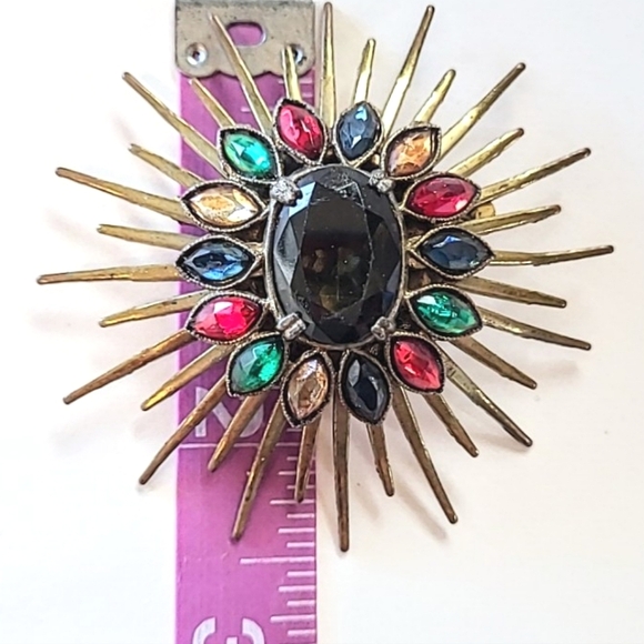 VINTAGE ATOMIC SUNBURST BROOCH - MULTI-COLORED GLASS STONES - Picture 4 of 5